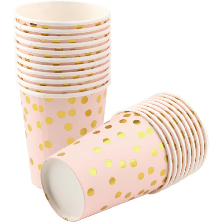 Set 10 Pahare, Cyrax, Imprimeu cu Buline, din Carton, 250 ml, 7.5 x 8.5 x 5.2 cm, Roz/Auriu