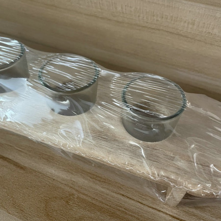 Set 6 Pahare Shot din Sticla Cyrax, cu Suport din Lemn, Design Rustic, 49.5 x 7 x 6.5 cm, Maro