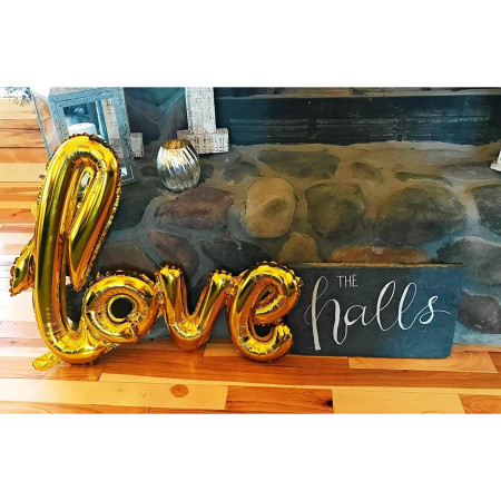 Balon din Folie Metalizata, Cyrax, Model Love scris de mana, 102x65 cm, Tematica Ziua Îndrăgostiților, Ambalaj Individual, Pai Inclus, Umflare cu Aer sau Heliu, Auriu