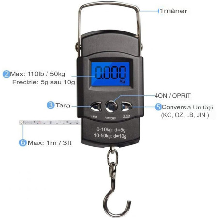 Cantar Digital de Mana cu Carlig, Cyrax, Cantar Portabil, Pescuit, cu Maner, Capacitate 50 kg, cu Metru Incorporat, 20.5 x 6 x 2.5 cm, Negru