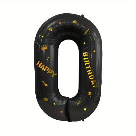 Balon din Folie Metalizata Cyrax, Figurina Cifra si Coroana, Scris Happy Birthday, Tema Aniversare 100 cm, Ambalaj Individual, Pai inclus, Umflare cu Aer sau Heliu, Negru, Cifra 0
