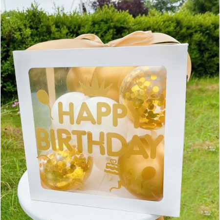 Cutie pentru Baloane, Cyrax, Tematica Aniversare, Model Scris Happy Birthday, Baloane Aurii, Albe si Panglica Incluse, Contur Alb, Transparenta, 30x30 cm