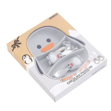 Set diversificare bebelusi Cyrax, din silicon, 23.5 x 12.5 cm, 1 farfurie compartimentata in forma de pinguin, lingurita si furculita, pai, perie pai, fara alergeni, ventuza fixare,  forma creativa,  gri