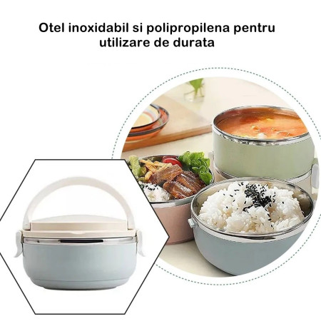 Set 2 Caserole pentru alimente Cyrax, lunch box, 1400 ml, otel inoxidabil, maner, valva aerisire, 15.5 x 15 cm, inchidere etansa, multicolor