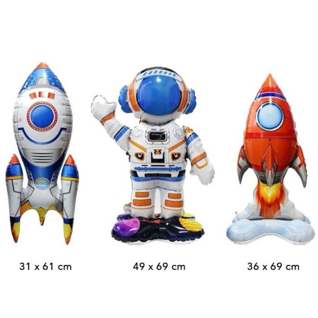 Baloane din Folie Metalizata, Cyrax, set 3 Baloane pentru Baieti, Model Astronaut 49 x 69 cm, Racheta Alba 31 x 61 cm, Racheta Rosie 36 x 69 cm, Pai din carton inclus, Multicolor
