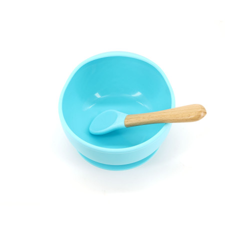 Set 2 piese diversificare bebelusi si copii din silicon Cyrax, bol cu ventuza, lingurita din lemn si silicon, pentru gustari, fara alergeni, albastru