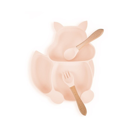 Set 10 piese diversificare bebelusi si copii din silicon Cyrax, baveta, farfurie compartimentata cu ventuza, bol cu ventuza, tacamuri din lemn si silicon, cana pentru gustari, fara alergeni, roz pal