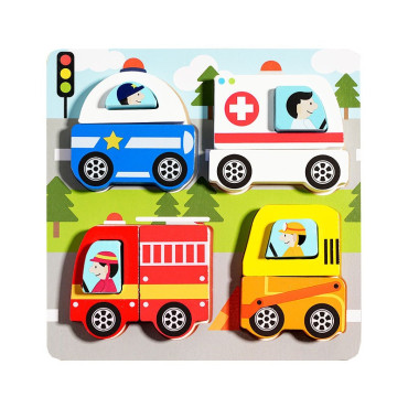 Jucarie Montessori, Cyrax, Tip Puzzle 3D, din Lemn, +36 Luni, Model Masini, 18 x 18 x 1.5 cm, Multicolor