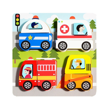 Jucarie Montessori, Cyrax, Tip Puzzle 3D, din Lemn, +36 Luni, Model Masini, 18 x 18 x 1.5 cm, Multicolor