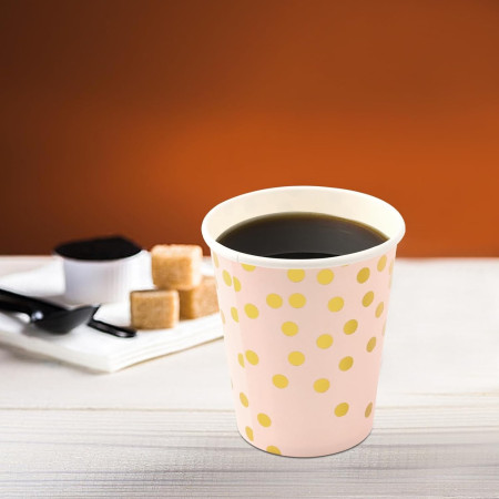 Set 10 Pahare, Cyrax, Imprimeu cu Buline, din Carton, 250 ml, 7.5 x 8.5 x 5.2 cm, Roz/Auriu