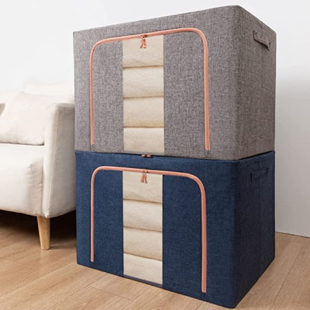Cutie de Depozitare Pliabila,  24 L, din Bumbac si In, 40x30x20 cm, Fereastra Frontala, 2 Usi de Acces cu Fermoar Bidirectional, Cadru Metalic, Suport Baza Stabil din Plastic, Albastru Marin