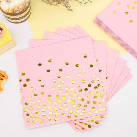 Set 20 de Servetele de Masa, Cyrax, Imprimeu cu Buline Aurii, din Hartie, 17 x 17 cm, Roz