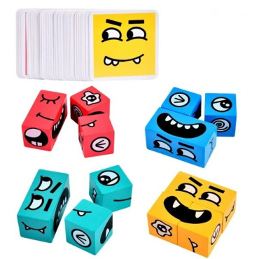 Jucarie pentru copii montessori Cyrax, cub din lemn, asamblare fete, 64 de carti distractive, pentru baieti si fete, varsta +3 ani, educativ, multicolor