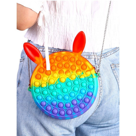 Jucarie antistres din silicon Cyrax, Geanta Pop It, Iepuras, 16 cm, Curcubeu