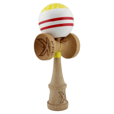 Kendama X CHICANOS Originala, Profesionala, Cyrax, Big Cups V2, Super Sticky cu Cupe Mari, Rulment Metalic, din lemn 18 cm, Ata 55 cm, Auriu/Alb