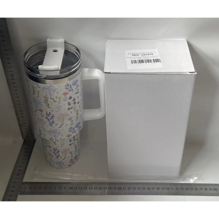 Cana Termos din Plastic, Cyrax, pentru Bauturi Calde si Reci, cu Maner, Imprimeu Floral,  Alb, 10x7.6x27.5 cm