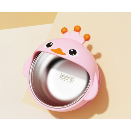 Set 3 Piese Diversificare Bebelusi si Copii, Cyrax, Bol, Lingura si Furculita, Model Ratusca, din Silicon si Otel Inoxidabil, Roz