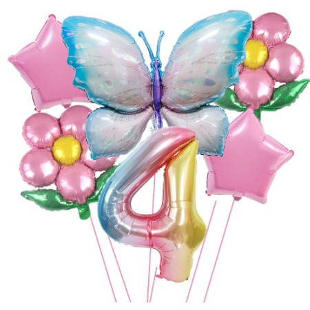 Cyrax Set baloane aniversare cu numere, din folie de aluminiu, 6 piese, 2 flori, 2 stelute, 1 fluture, 1 cifra, Multicolor, Cifra 4