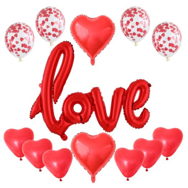 Set 13 Baloane din Folie Metalizata si din Latex, Cyrax, Figurine Litere si Inima, Model Love, Tema Ziua Indragostitilor, Baloane Party cu Confetti, 102x65cm, 45 cm, 30 cm, Pai Inclus, Umflare cu Aer sau Heliu, Rosu