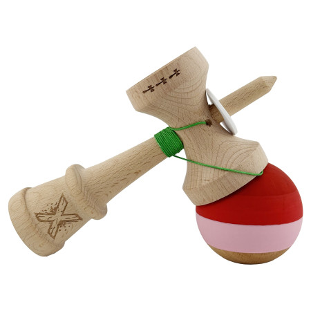 Kendama X Originala, Profesionala, Cyrax, Rubber Grip, Cupe Mari KING SIZE V3, Gaura in Baza, Rulment Metalic, din lemn 18 cm, Ata 62/65 cm, Special Rosu/Roz/Maro