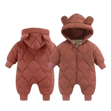 Combinezon de Iarna, Cyrax, pentru Bebelusi, din Bumbac, cu Urechi, Mansete Elastice, Unisex, 73 cm, Visiniu