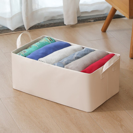 Cutie de Depozitare Tip Cos,  Material Piele Ecologica, Pliabila, 47x28x20 cm, 26 l, Cadru Metalic, cu Manere, Bej