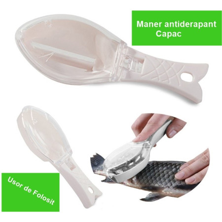 Curatator Manual Solzi de Peste, Cyrax, Forma Peste , Recipient cu Capcac pentru Solzi, Plastic, Roz pal, 16x6 cm