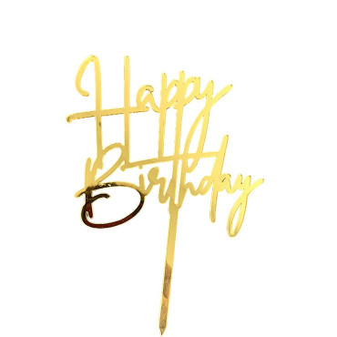 Decoratiune Topper pentru Tort, Cyrax, Model Happy Birthday, Tematica Aniversare, Auriu, 10 cm