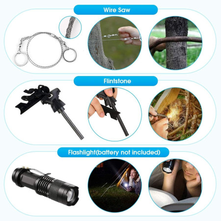 Kit supravietuire multifunctional  Instrumente profesionale, Agatatoare ghiozdan, pentru Camping, Drumetii, Aventuri in aer liber, borseta inclusa, gri