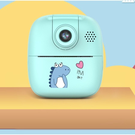 Camera Instantanee pentru Copii, Cyrax, Camera Frontala + Selfie, cu Functie de Printare, Cablu USB-C, Bluetooth, Compatibil iOS/Android, Imprimare APP, Model Dino, Albastru