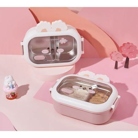 Cutie pentru Pranz sau Gustari, Cyrax, cu Doua Compartimente, Model Iepuras, pentru Copii si Adulti, Etansare, PP, Perfect pentru Scoala si Birou, 1000 mL, 22x17.8x8 cm, Roz