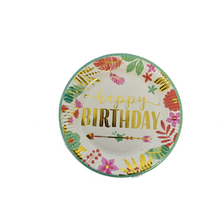 Set 10 Farfurii Unica Folosinta, Cyrax, Imprimeu Happy Birthday Frunze, din Carton, Diametru 18 cm, Multicolor