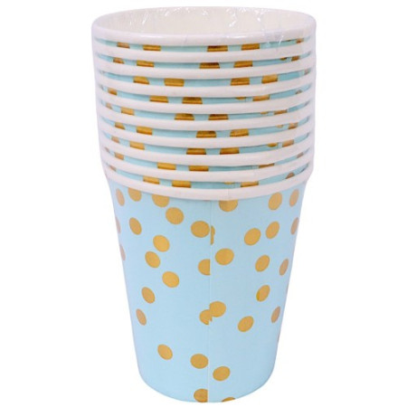 Set 10 Pahare, Cyrax, Imprimeu cu Buline, din Carton, 250 ml, 7.5 x 8.5 x 5.2 cm, Albastru/Auriu