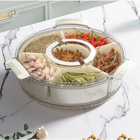 Cutie de Depozitare pentru Alimente, Cyrax, cu 6 Compartimente, pentru Condimente, Fructe, Legume, cu Manere de Prindere, Rotativa 360 de Grade, Inchidere Ermetica, 32x10 cm, Alba