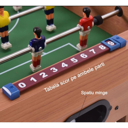 Masa de Fotbal cu Teren si 18 Jucatori Cyrax, 6 Manere, cu Tablou pentru Scor, din Metal, Lemn si ABS, 69 x 36.5 x 23 cm, cu Picioruse, pentru copii/adulti