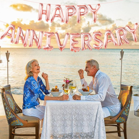 Set Baloane din Folie Metalizata, Cyrax, Model Happy Anniversary, Litere de 40 cm, Baloane Party, Ambalaj Individual, Pai Inclus, Umflare cu Aer sau Heliu, Roz