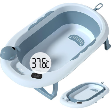 Cada de Baie, Cyrax, pentru Copii 0 luni - 6 Ani, cu Termometru, Pliabila, Perna Suport Inclusa, din Plastic, 81.5 x 49 x 21.5 cm, Albastru