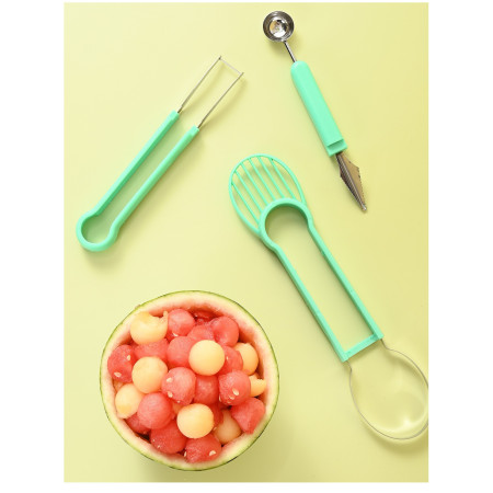 Ustensila bucatarie 4 in 1 pentru taiat si decorat fructe Cyrax, material inox si plastic, compact, 28x6.2 cm, verde