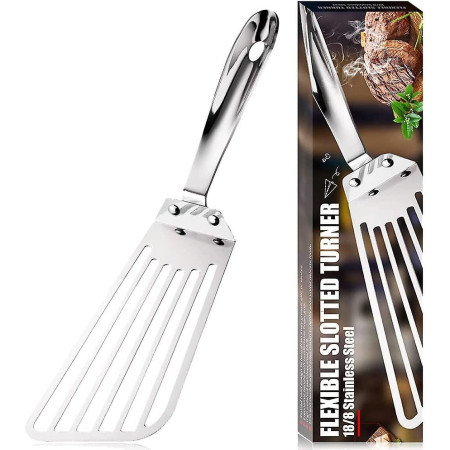 Spatula flexibila Cyrax, Fish Turner, din otel, durabila, cu margini subtiri pentru taiere, pentru carne, oua, peste, multifunctionala, argintiu