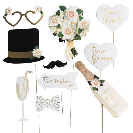 Set 10 Accesorii pentru Petrecere, Cyrax, Props pentru Coltul de Poze, Model Mire si Mireasa, Tematica Nunta, Multicolor