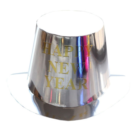 Palarie Happy New Year pentru Revelion, Cyrax, Palarie Festiva de Anul Nou, Palarie Magica din Hartie, 29 x 25 x 15.5 cm, Colorata Sclipitor Argintiu