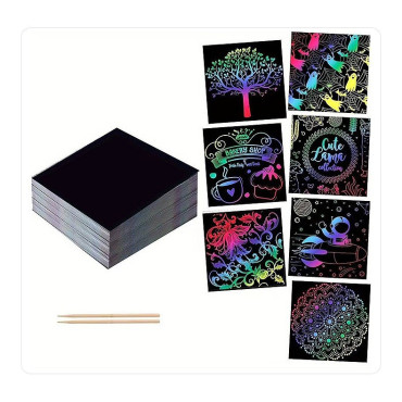 Set 100 de Foi de Hartie de Razuit, Cyrax, cu Creion din Bambus, pentru Desen, 8.5 x 8.5, Curcubeu, Negru