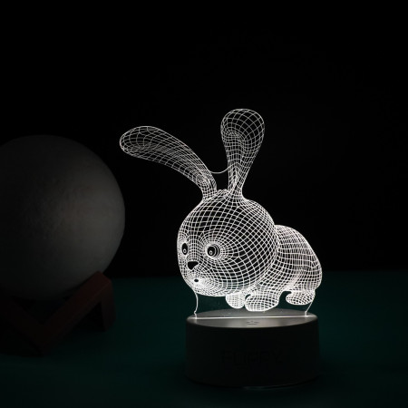 Lampa LED decorativa,  3D, Iepure, cu USB si baterii, 20 cm inaltime, din material acril, lumina multicolora si telecomanda inclusa, alb