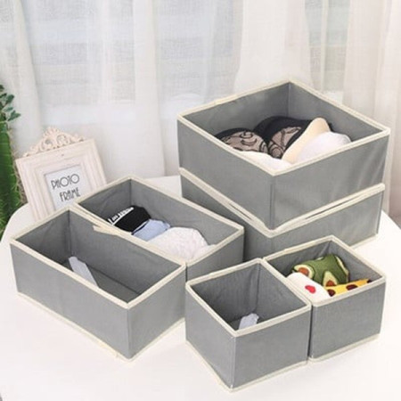 Organizator pentru Sertar,  3 Marimi, pentru Lenjerie, Tricouri, Sosete, 6 Piese, Pliabil, Stivuibil, din Tesatura, Gri/Alb
