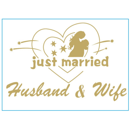 Sticker Autocolant, Cyrax, Tematica Nunta, Model Indragostiti, cu Scris Just Married Husband&Wife, 21x29 cm, Auriu