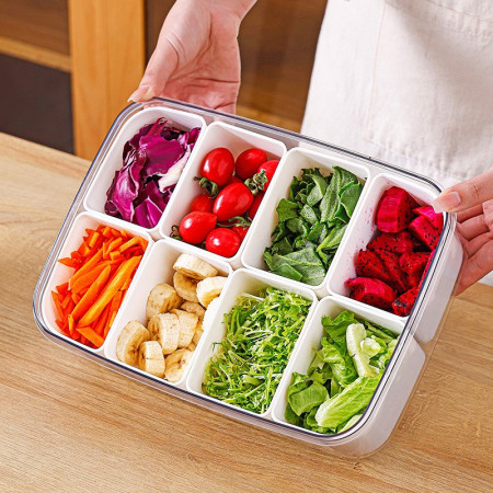 Cutie pentru Depozitare Alimente, Cyrax, 8 Compartimente cu Capac, Material PET+PP, 29 x 20 x 9 cm, Alb/Transparent