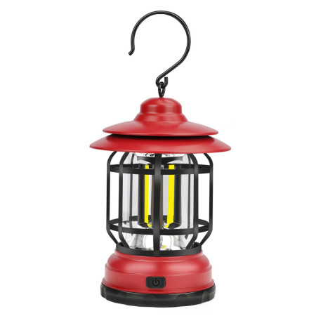 Portable camping light, vintage lantern with hook, ABS, 21 COB LED lighting, adjustable intensity, 5W, reversible, red rechargeable
