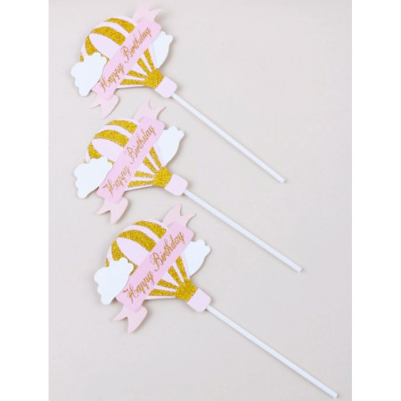 Set 3 Toppere pentru Tort, Cyrax, Model Balon cu Aer Cald Happy Birthday, Tematica Aniversare, Roz
