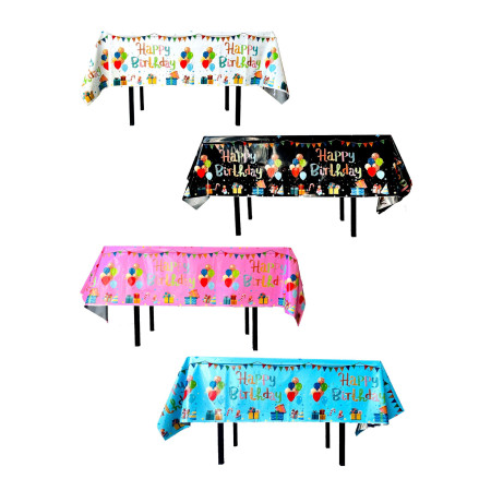 Fata de Masa, Cyrax, din Folie, Imprimeu Happy Birthday cu Baloane, 137 x 274 cm, Alb