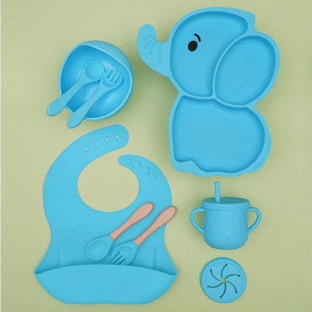 Set 10 Piese Servire Masa. Cyrax, pentru Bebelusi si Copii, din Silicon/Lemn, cu Ventuze Anti-alunecare, fara Alergeni. +6 Luni, Model Elefant, Albastru